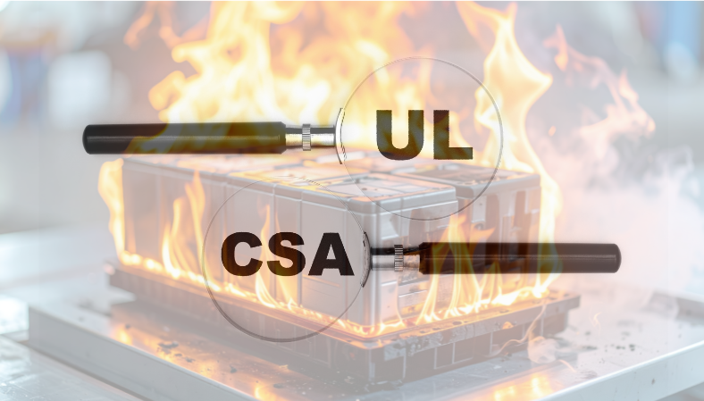 Battery pack on fire with UL and CSA logos overlaid, illustrating safety certification and fire-testing context.
